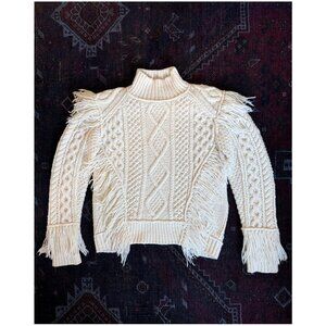 COACH Chunky Aran Cableknit Turtleneck Sweater | Sz Small | White Ivory Fringe